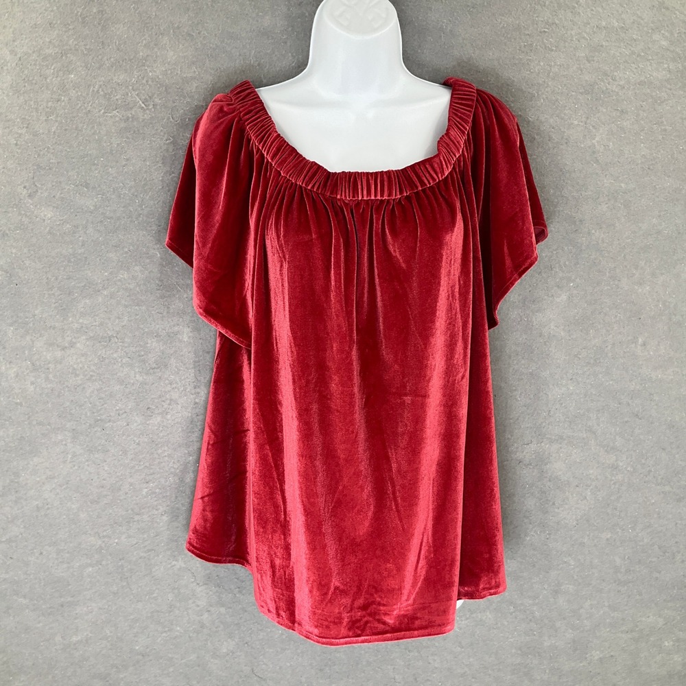 CHELSEA & THEODORE Top XL Red Velvet Off The Shoulder Romantic Boho Holiday